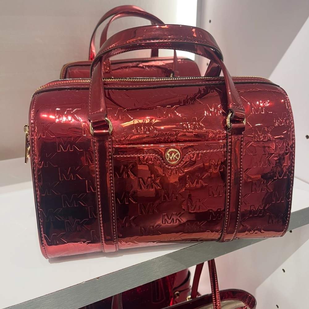 MICHAEL KORS Jet Set Medium Metallic Logo Debossed Satchel
Cherry 
NWT - Picture 7 of 15